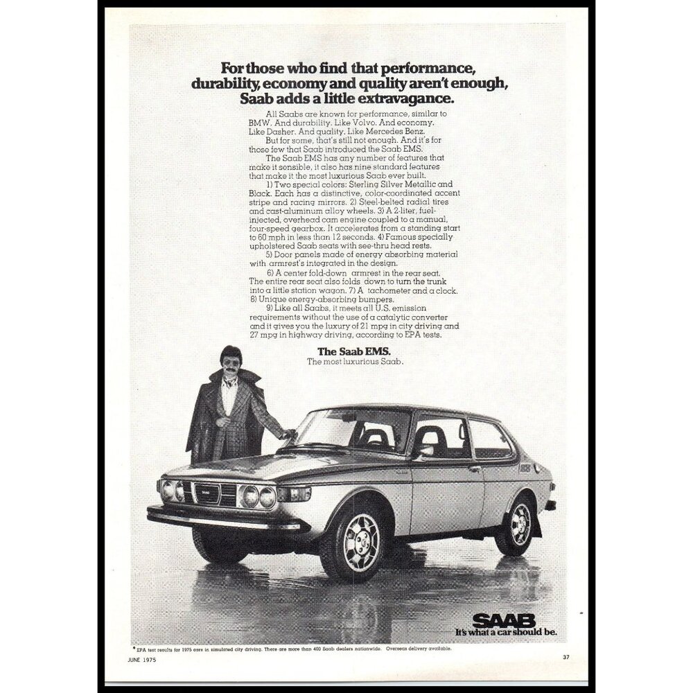 1975 Saab EMS 2 Door Coupe Vintage Print Ad Suit Overcoat Mustache Wall Art